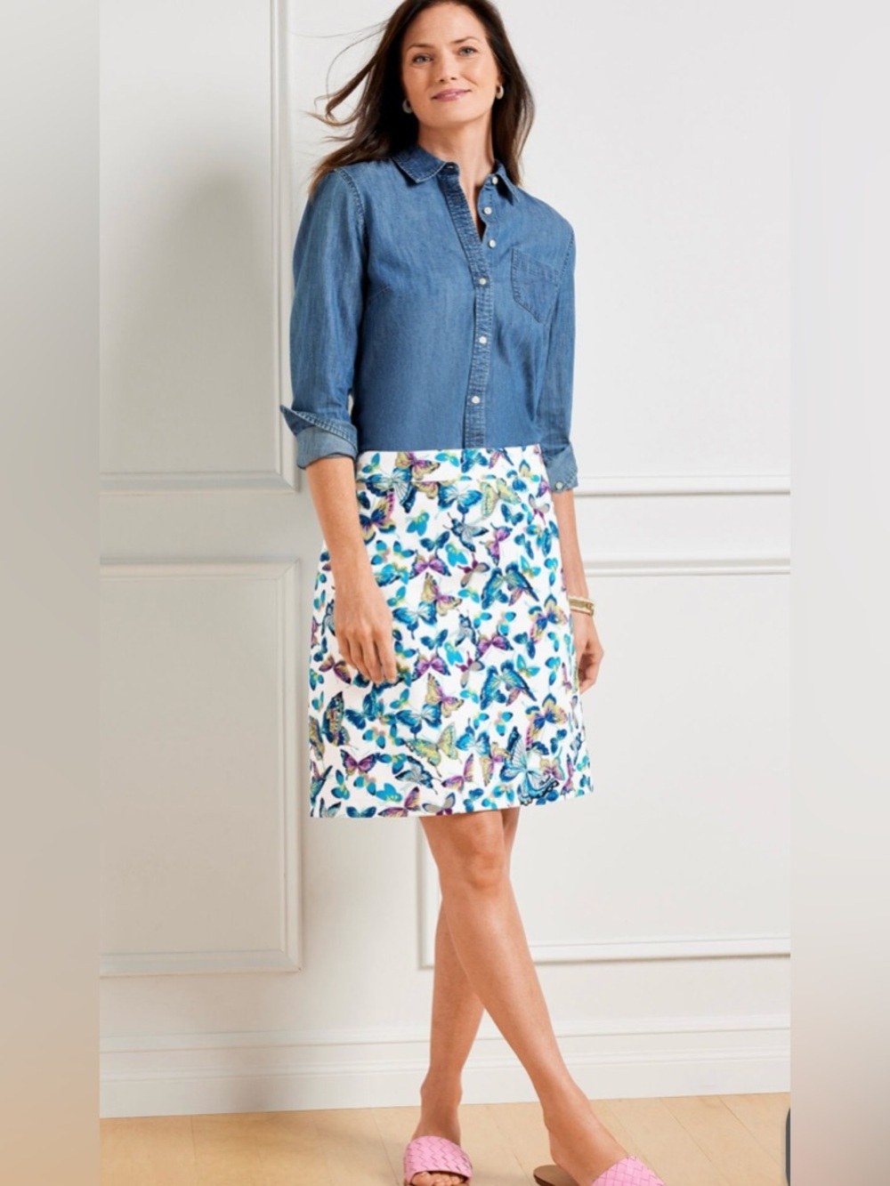 Talbots Butterfly Print A-Line Skirt - White with Blue & Purple Accents